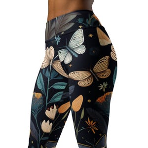 Botanical High Waist Yoga Leggings with Butterflies and Moths, Floral Yoga Pants