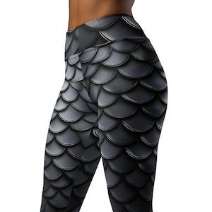 Black Dragon Scales High Waist Yoga Leggings, Black Dragon Scales Yoga Pants, Dragon Pants
