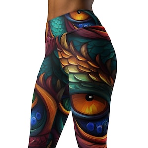 Dragon Scales with Dragon Eye Patterned High Waist Yoga Leggings, Dragon Leggings, Gym Leggings, Festival Leggings, Dragon Yoga Pants