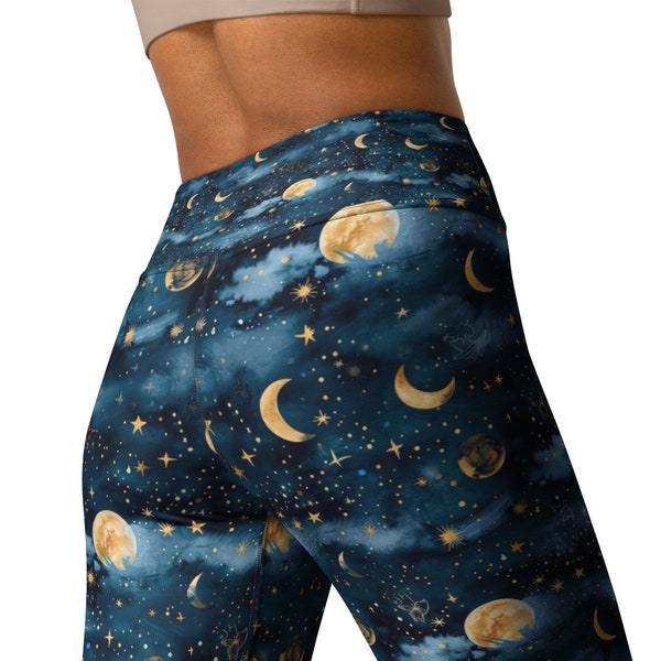 Moonlight Sky High Waist Yoga Leggings, Celestial Yoga Pants, Gym Leggings, workout Leggings, Moon and Stars Leggings