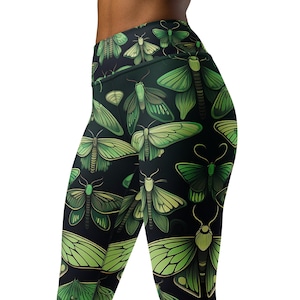 Green Moths High Waist Yoga Leggings, Green Moths Yoga Pants