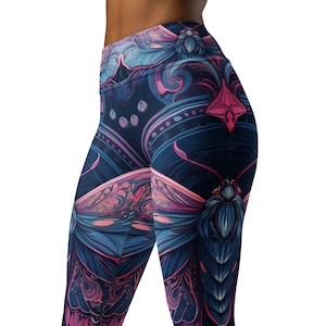 Gothic Moth Patterned High Waist Yoga Leggings in Blue and Pink, Moth Yoga Pants