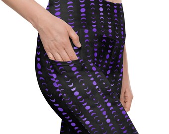 Moon Phase Purple and Black Leggings with pockets, Up to Size 6XL, High Waist Yoga Leggings, Eco Friendly Gym Leggings,