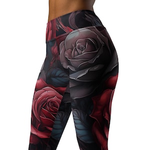 Large Gothic Rose Patterned High Waist Yoga Leggings, Floral Yoga Pants