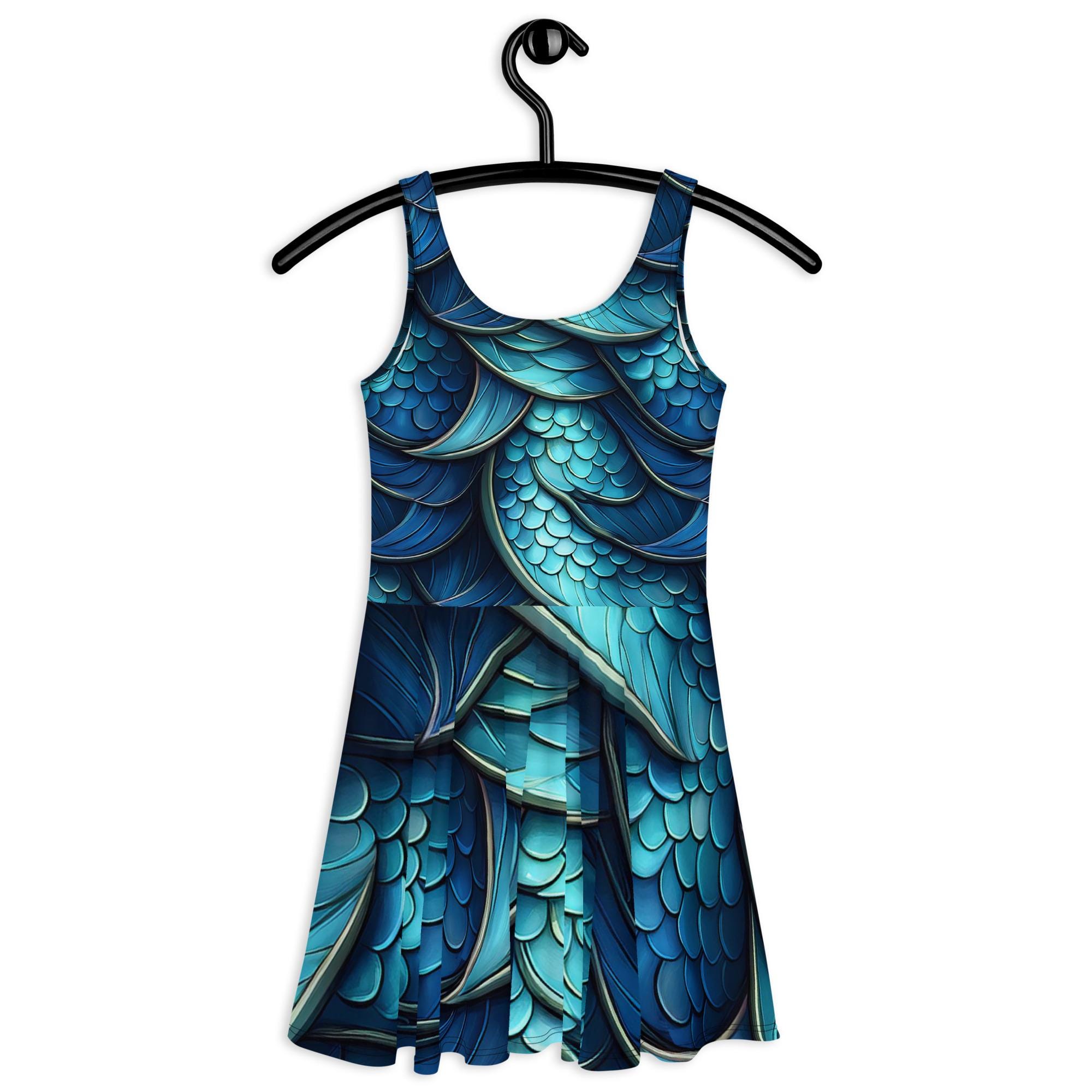 Blue Dragon Scales Skater Dress, Dragon Patterned Dress,