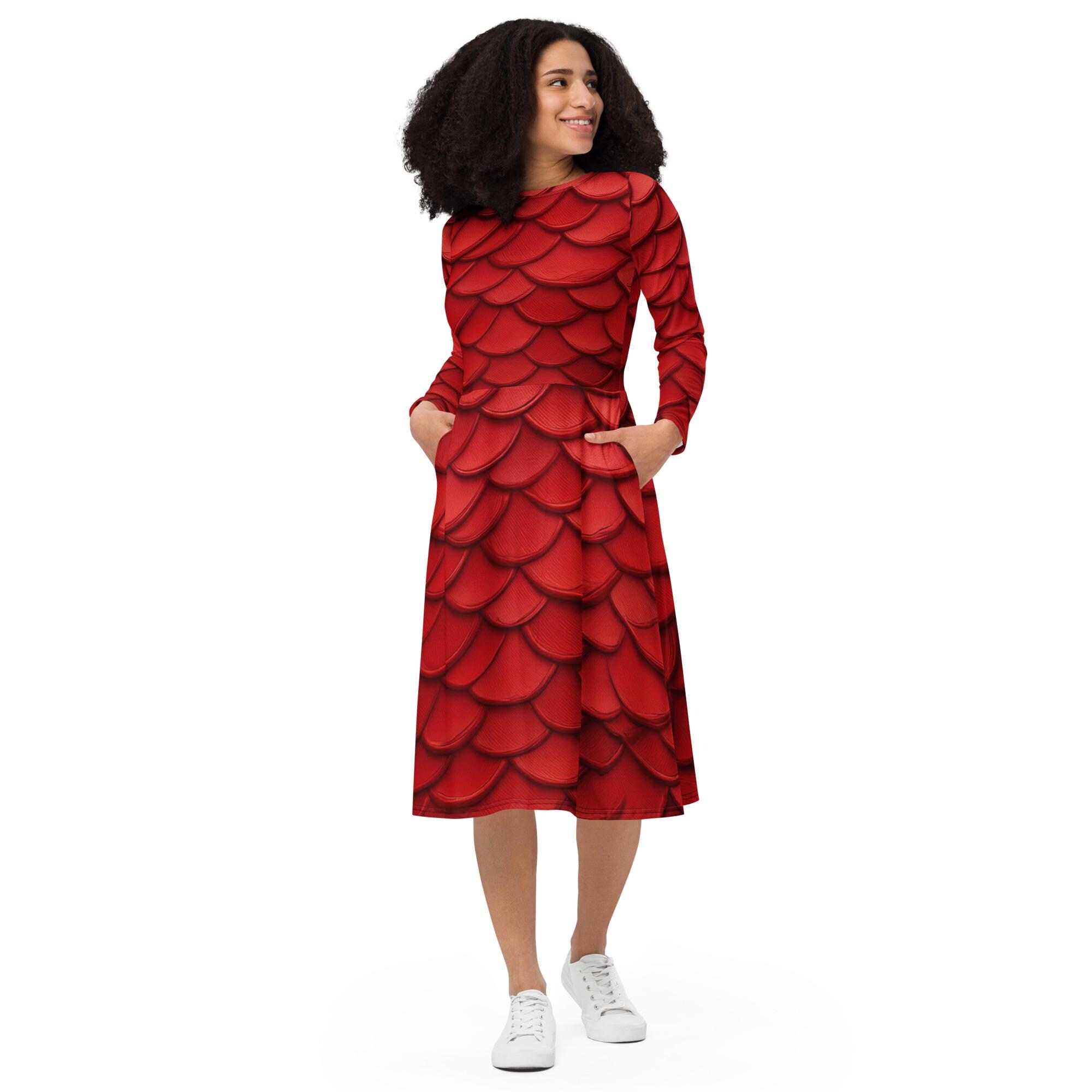 Red Dragon Scales All-Over Print Long Sleeve Midi Dress with Pockets, Dragon Dress