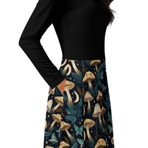 Mushroom Moths Moon and Stars Long Sleeve Midi Dress with Pockets, Witchy Botanical Style Dress, Cottagecore Dress, Woodland Forest Nature