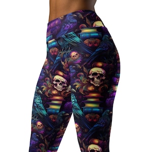 Fantasy Skull, Books and Black Crow High Waist Yoga Leggings, Festival Leggings