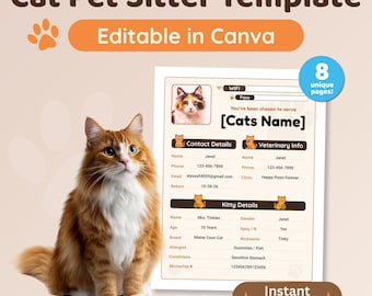 Cat Sitter Template | Editable Cat Care Sheet, Feeding Routine, Litter Box Notes, Emergency Info, Pet Sitter Checklist, Canva Printable