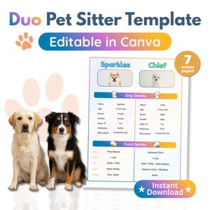 Może przedstawiać: Szablon opiekuna zwierząt z tekstem "Duo Pet Sitter Template" i "Editable in Canva". Szablon zawiera szczegóły dotyczące psów i szczegóły dotyczące jedzenia dla dwóch psów, Sparkles i Chief. Na zdjęciu znajdują się dwa psy, golden lab i owczarek australijski.