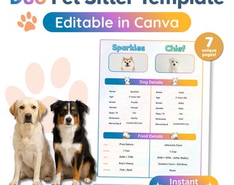 Dog Sitter Template for Two Dogs | Editable Pet Care Sheet, Feeding Routine, Walk Schedule, Potty Notes, Emergency Info, Canva Printable