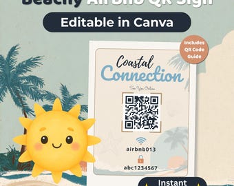 Coastal Wifi Password Sign for Airbnb | Guest Room Wifi Printable, Beach House Rental Sign, QR Wifi Display, Editable Host Template