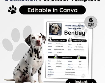 Dalmatian Dog Sitter Template | Editable Care Sheet, Feeding Routine, Walk Schedule, Medications, Emergency Info, Pet Care Printable