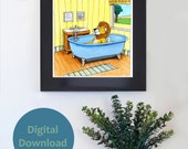 Cartoon Lion Bathtub Funny Bathroom Wall Decor Art Poster Animal Jungle Instant Download