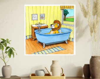 Cartoon Lion Bathtub Funny Bathroom Wall Decor Art Poster Animal Jungle