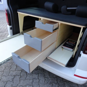 Construction plan Bulli 02 rear pull-out for VW Bus California T6, T6.1 and T5 all models with three drawers and two heavy-duty pull-outs for camping expansion