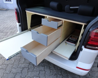 建設計画 VW バス カリフォルニア T6、T6.1、T5 の全モデル用 Bulli 02 リア プルアウト、3 つの引き出しと 2 つの頑丈な引き出しを備えたキャンプ拡張用