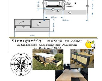 ユニバーサル建築プラン、キャンプ用改造、キャンプ用モジュール、キャンプ用キッチン、フルエクステンション、自作、寝室エリア193 x 117 cm、マットレス、積載敷居11 cm