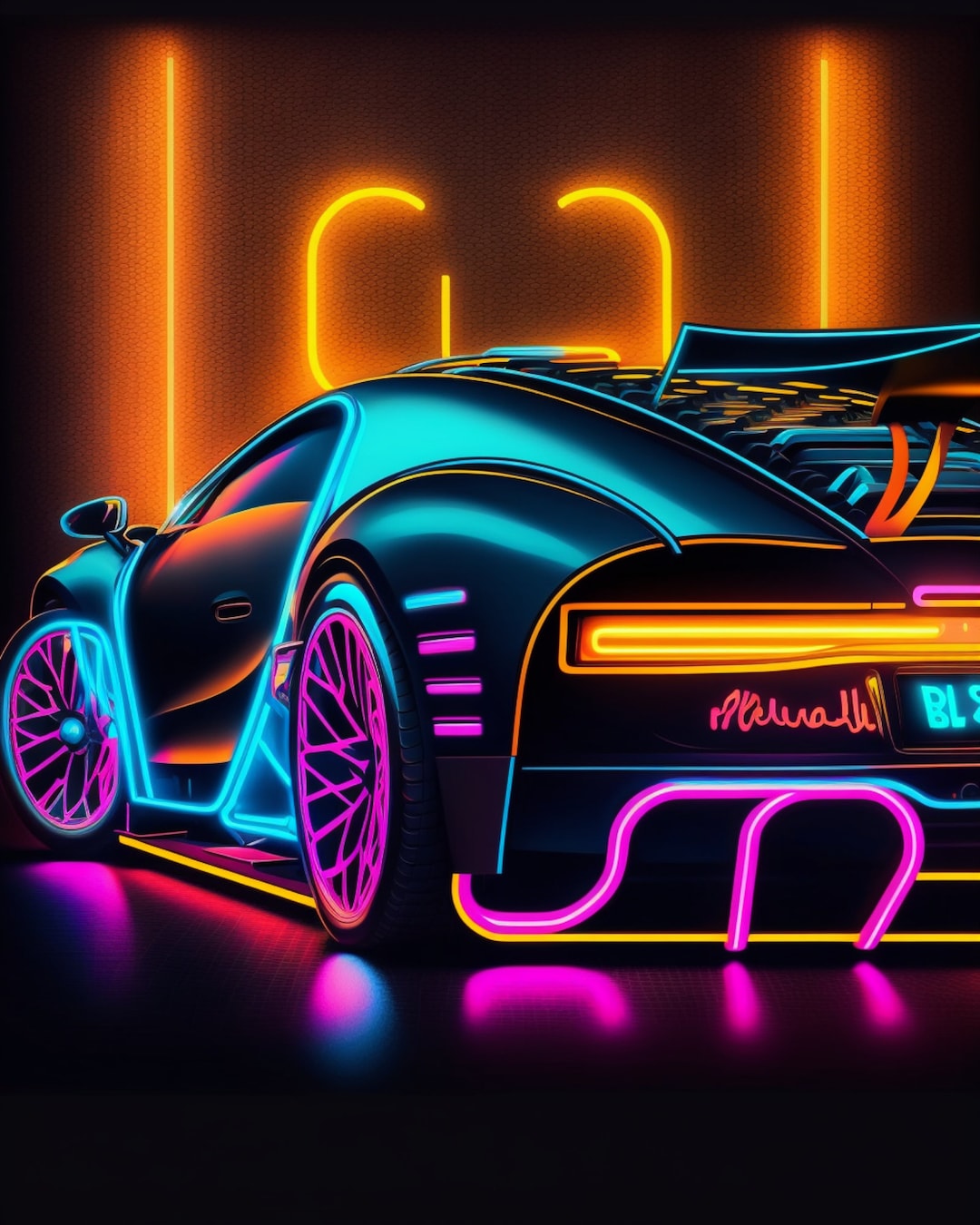 Bugatti Neon Style Digital Download Sports Car Wall Art Home Decor 3 V