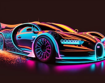 Bugatti Neon Style | Digital Downloads | Sports Car | Wall Art | Home Decor #1 H