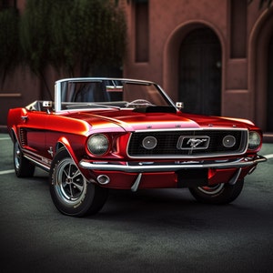 Mustang rojo convertible - 4 descargas, coche antiguo, imprimible, arte de pared, decoración del hogar, arte de pared