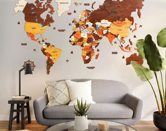 MULTICOLOUR 3D HOLZWELTKARTE Wooden World Map Country + Capital 150x90 cm Weltkarte Holz, 3D Weltkarte Holz Wanddeko, Holzkunst Wanddeko