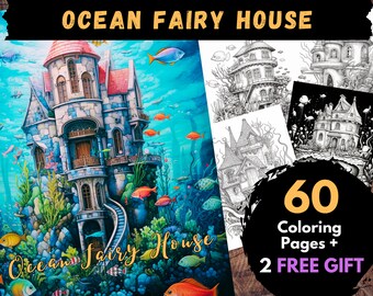 60 pages à colorier de maisons de fées océanes, adultes enfants feuilles à colorier numériques - livre PDF imprimable, pages de livres de maisons sous-marines à colorier