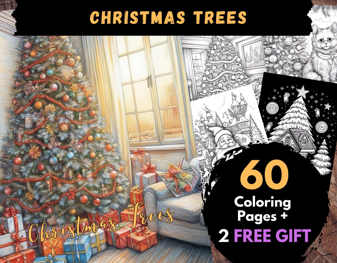 60 Christmas Trees Coloring Page, Adults Kids Digital Coloring Sheets