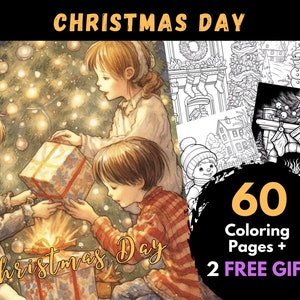 60 Christmas Day Coloring Pages, Adults Kids Digital Coloring Sheets - Printable PDF Book, xmas picture to colour,noel coloring page | Books