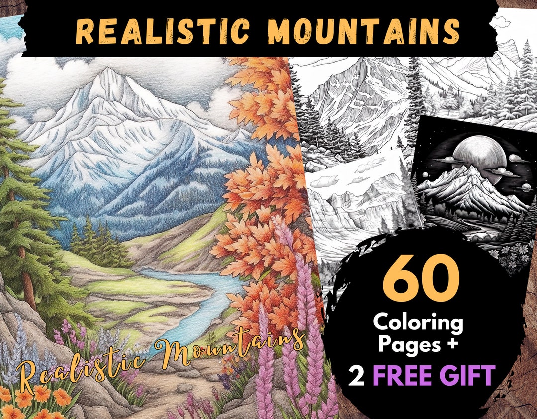 60 Realistic Mountains Coloring Pages, Adults Kids Digital Coloring ...