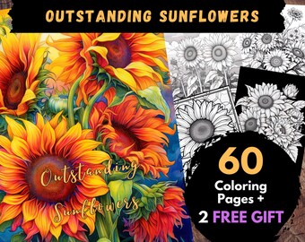 60 Outstanding Sunflowers Coloring Pages, Adults Kids Digital Coloring Sheets - Printable PDF Book, nice nature picture to colour | Books