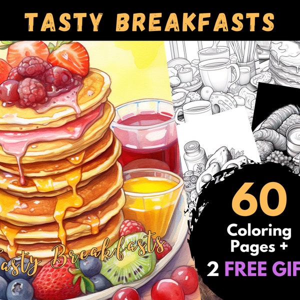 60 sabrosos desayunos para colorear, hojas para colorear digitales para adultos y niños - Libro PDF imprimible, imagen de comida para colorear, comida americana / Libros