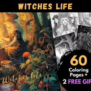60 Witches Life Coloring Pages, Adults Kids Digital Coloring Sheets - Printable PDF Book, magic pages to color, enchanted witchy coloring