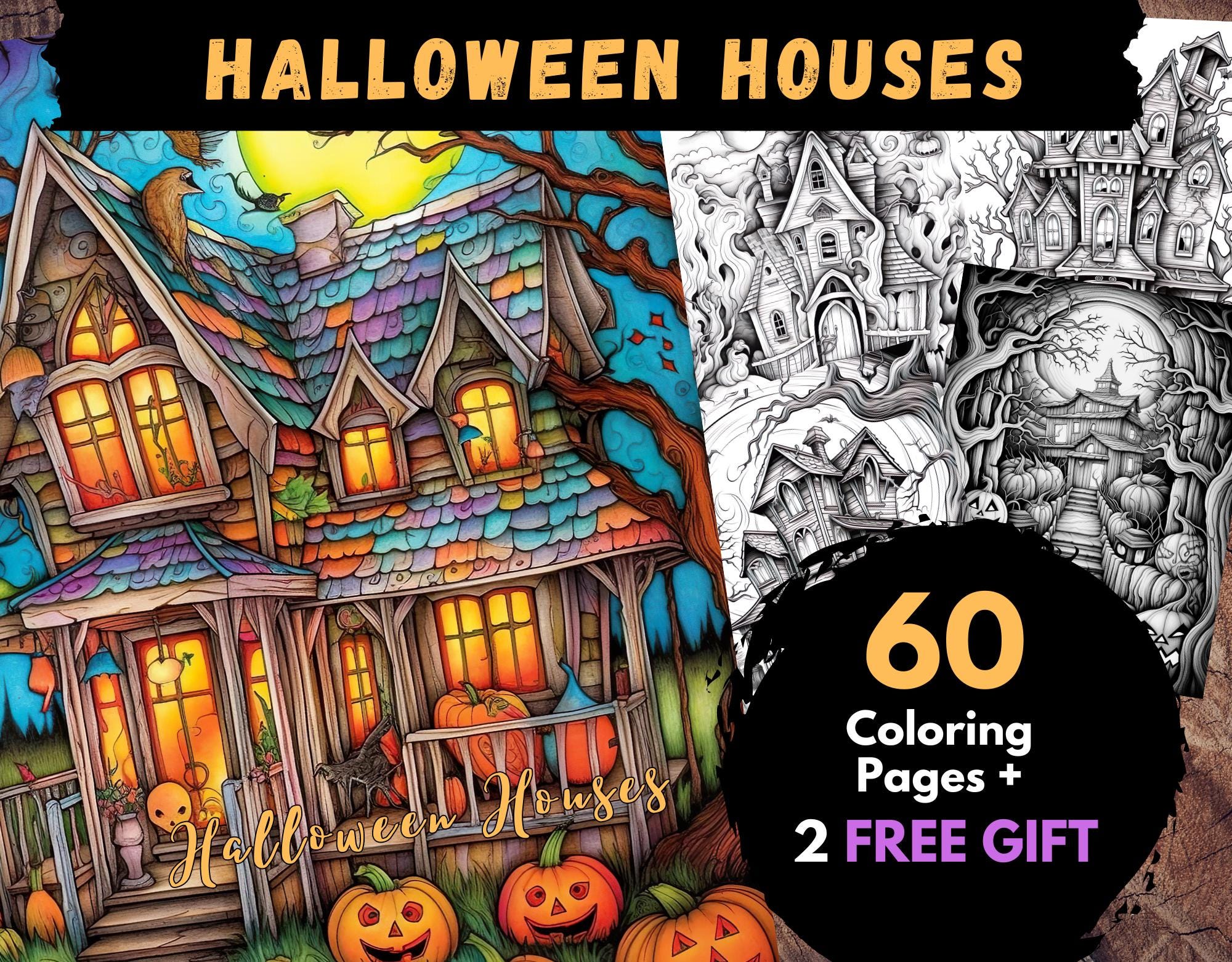 60 páginas para colorear de casas de Halloween, hojas para colorear digitales para adultos y niños, libro PDF imprimible, páginas espeluznantes para colorear, páginas para colorear para adultos