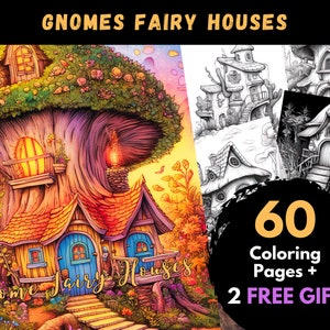 60 Gnomes Fairy Houses Coloring Pages, Adults Kids Digital Coloring Sheets - Printable PDF Book, magic pages to color, fairy coloring pages
