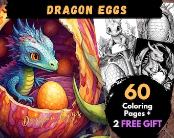 60 Dragon Eggs Coloring Pages, Adults Kids Digital Coloring Sheets - Printable PDF Book, cute dragon picture to colour, fantasy page | Books