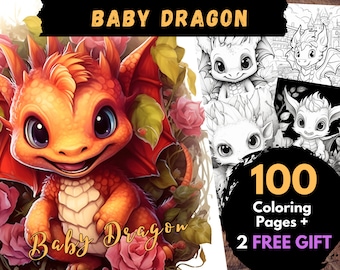 100 Baby Dragon Coloring Pages, Adults Kids Digital Coloring Sheets - Printable PDF Book, cute and sweet dragons page to color | Books