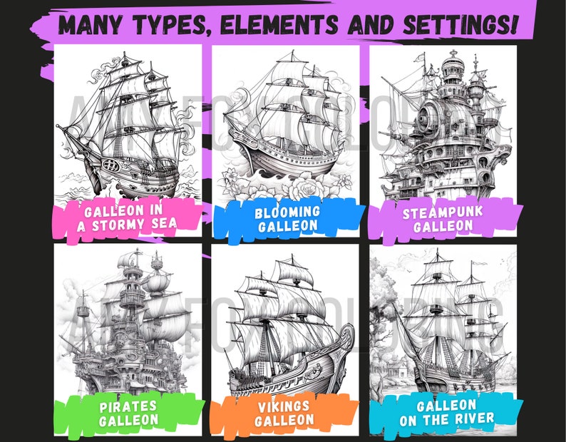 60 Legendary Galleons Coloring Pages, Adults Kids Digital Coloring ...