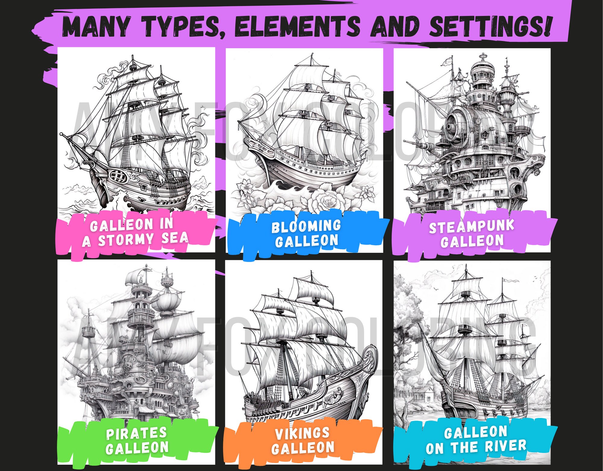 60 Legendary Galleons Coloring Pages, Adults Kids Digital Coloring ...