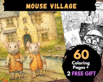 60 Mouse Village Coloring Page, Adults Kids Digital Coloring Sheets - Printable PDF Book, mouse picture to colour, enchanted pages | Books