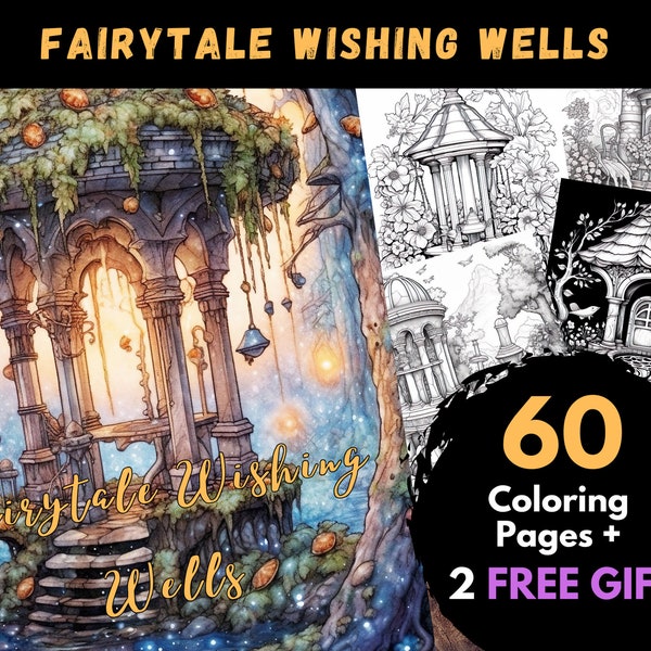 60 Fairy Wishing Wells Coloring Pages, Adults Kids Digital Coloring Sheets - Printable PDF Book, picture to colour, wish hole page | Books