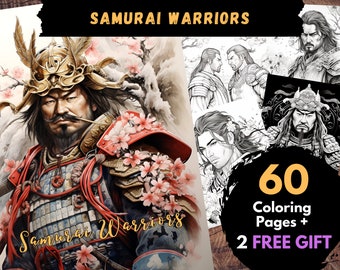 60 páginas para colorear de guerreros samuráis, hojas para colorear digitales para adultos y niños - Libro PDF imprimible, página de espadachín de hombres japoneses para colorear / Libros