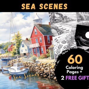 60 Sea Scenes Coloring Pages, Adults Kids Digital Coloring Sheets - Printable PDF Book, oceans pages to color, marine adult coloring pages