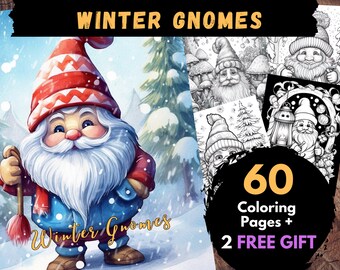 60 Winter Gnomes Coloring Pages, Adults Kids Digital Coloring Sheets - Printable PDF Book, magic picture to colour, enchanted page | Books