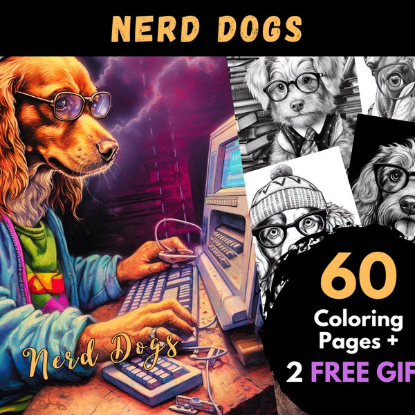 60 Nerd Dogs Coloring Pages, Adults Kids Digital Coloring Sheets - Printable PDF Book, dogs pages to color, fantasy coloring, animals color