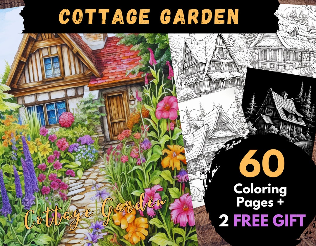 60 Cottage Garden Coloring Page, Adults Kids Digital Coloring Sheets