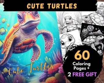 60 Cute Turtles Coloring Pages, Adults Kids Digital Coloring Sheets - Printable PDF Book, nice picture to colour, steampunk page | Books