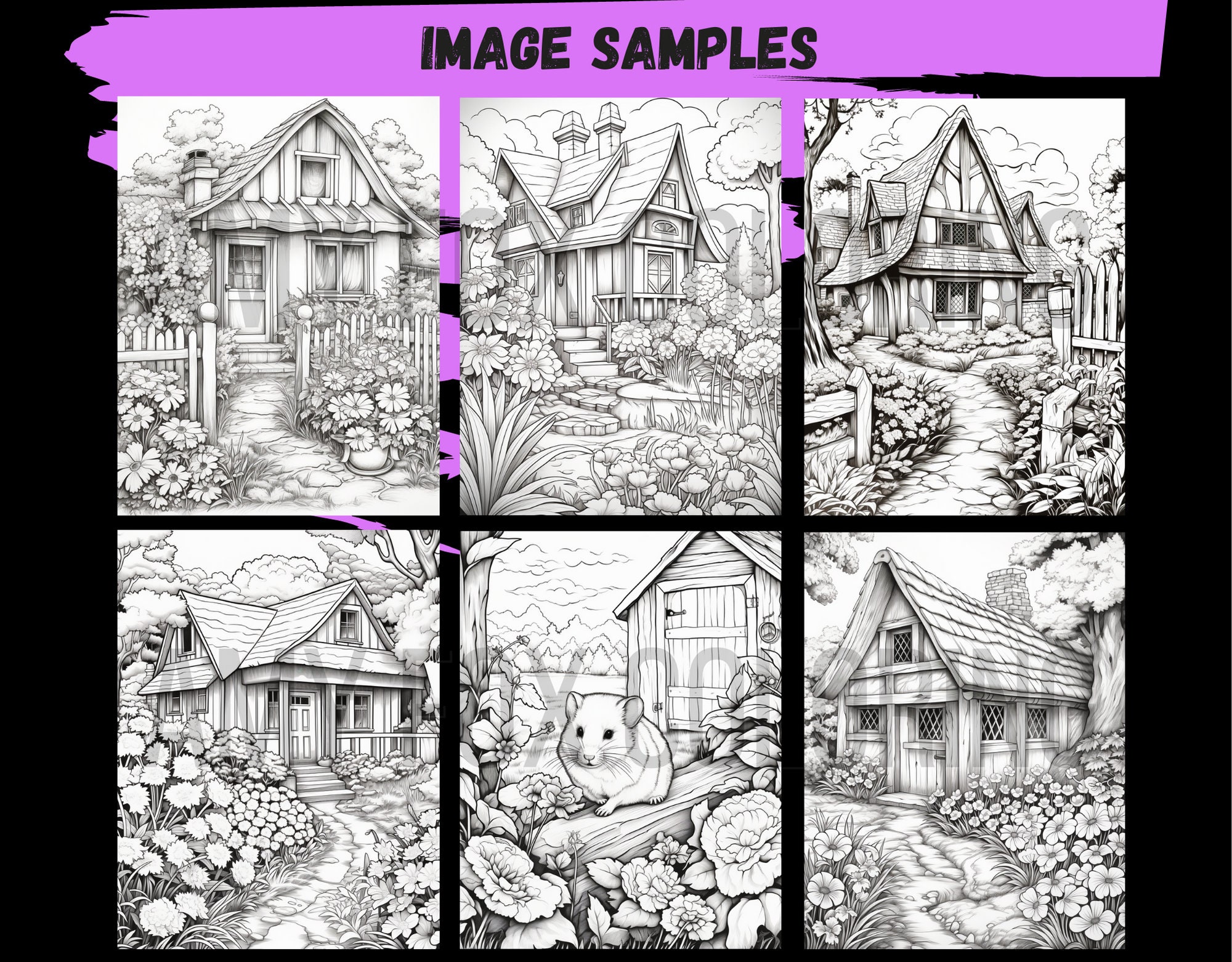 60 Cottage Garden Coloring Page, Adults Kids Digital Coloring Sheets