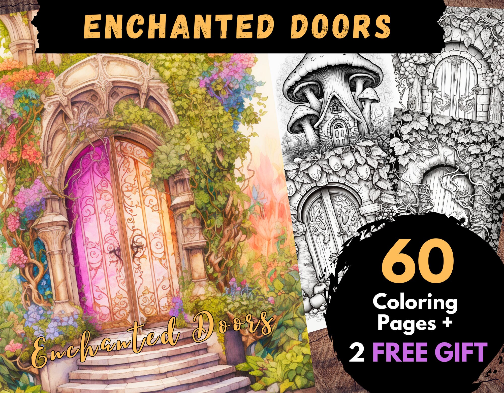 Secret Garden Door Coloring Book (8.5*8.5) 100 Coloring pages with covers  Download it as a book patreon.com/FreeColoringPagesPro, image size:2000x1562