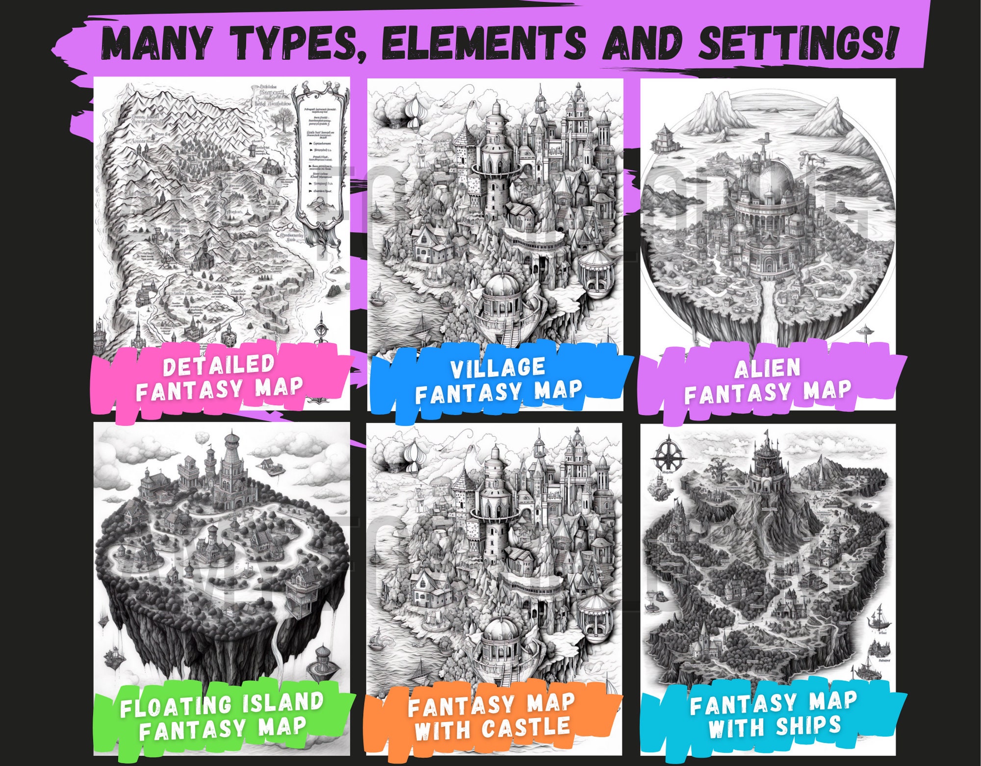 60 Fantasy Maps Coloring Pages, Adults Kids Digital Coloring Sheets ...